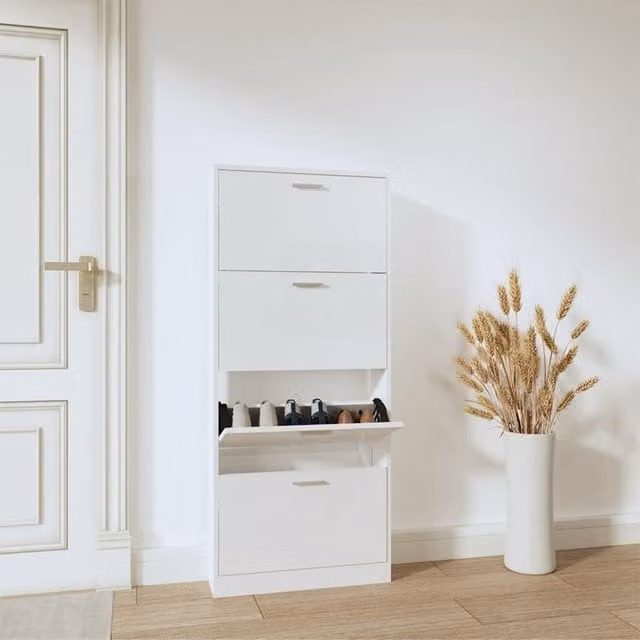Berkfield Home High Gloss White Shoe Cabinet with Tilting Compartments, W/D/H: 59 x 17 x 150 cm