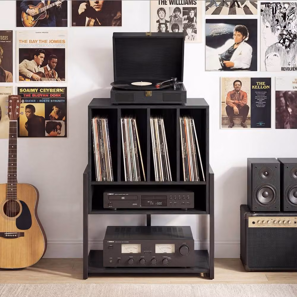 Costway Modern Black Record Player Stand with Charging Station and Vinyl Holder – 5