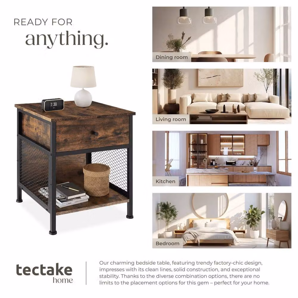 tectake Killarney Bedside Table with Shelf, Drawer and Open Storage in Brown – 7