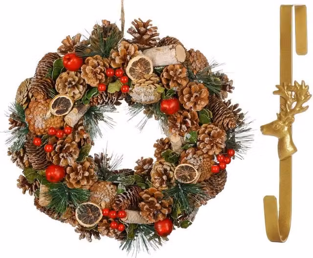 Dibor Citrus Spice Christmas Front Door Wreath with Deer Hanger, Red and Multicolour, Diameter: 38 cm