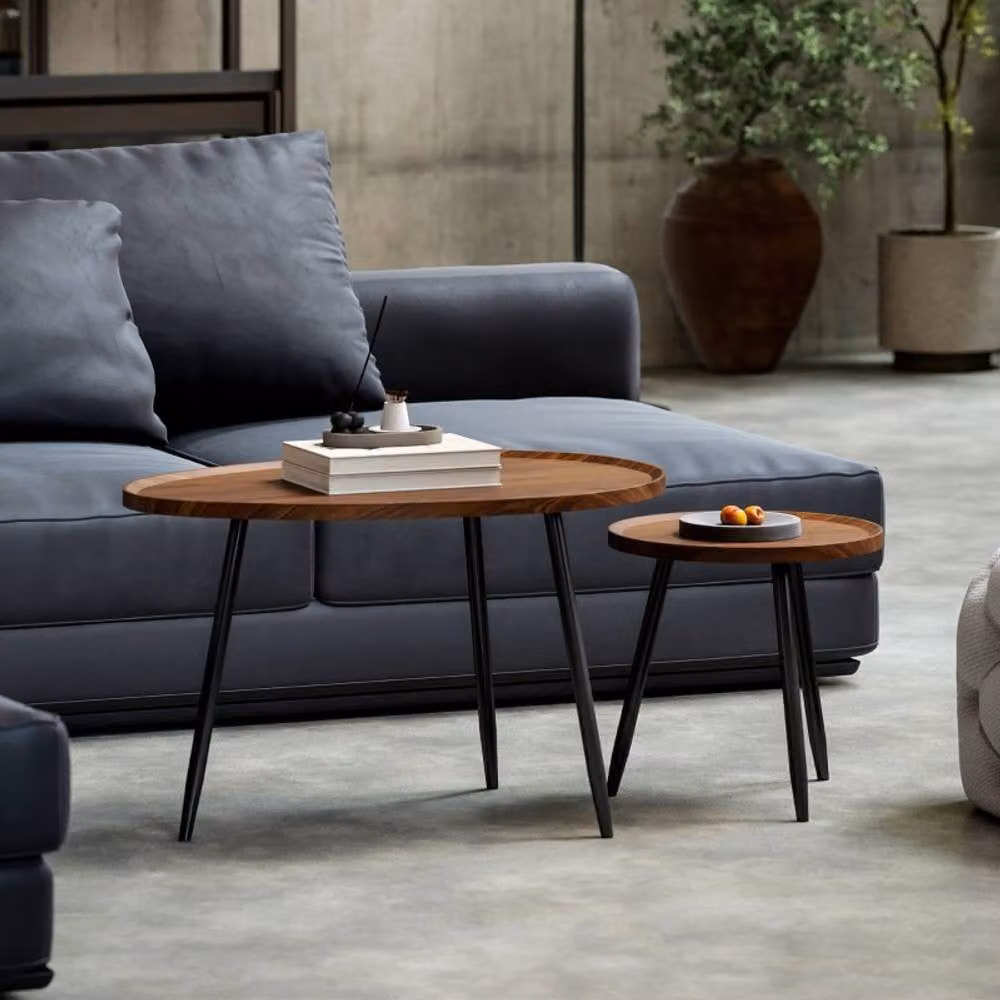 STILVORA Nesting Coffee Table Set of 2, Natural Chestnut and Black Metal Legs, 80 cm – 2