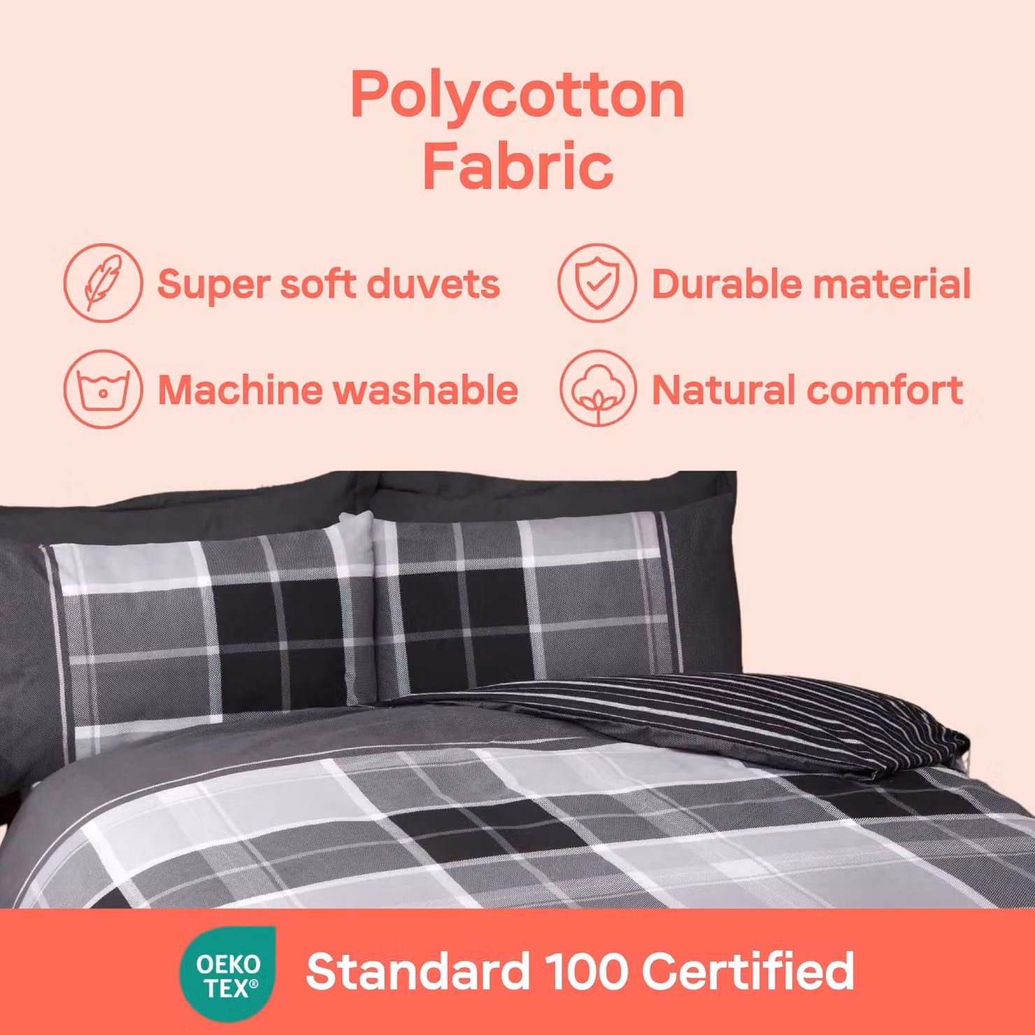 Rapport Home Argyle Tartan Check Polycotton Duvet Cover Set in Grey, Reversible with Two Pillowcases, W/D/H: 220 x 230 cm and 50 x 75 cm – 6