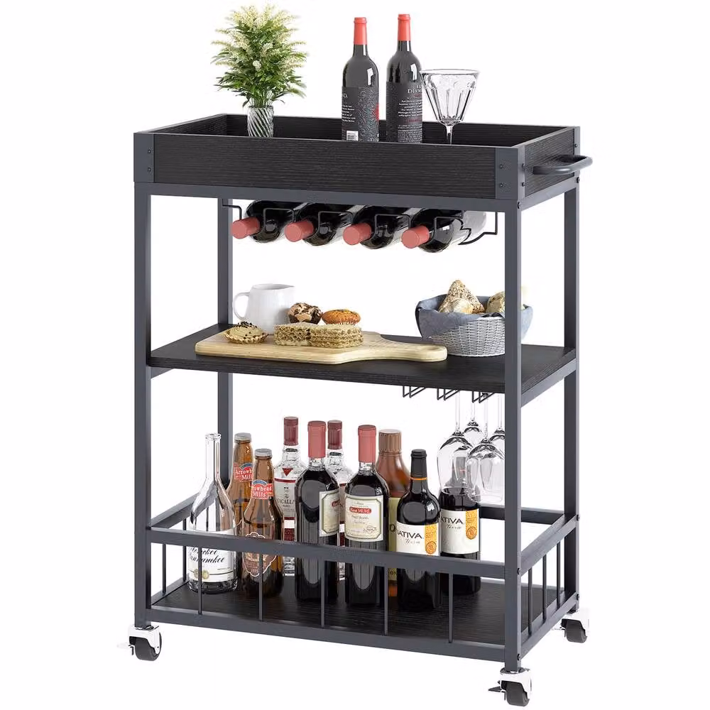Huhote Black Metal and Glass Bar Cart with Wine Rack and Wheels for Kitchen Storage – 2