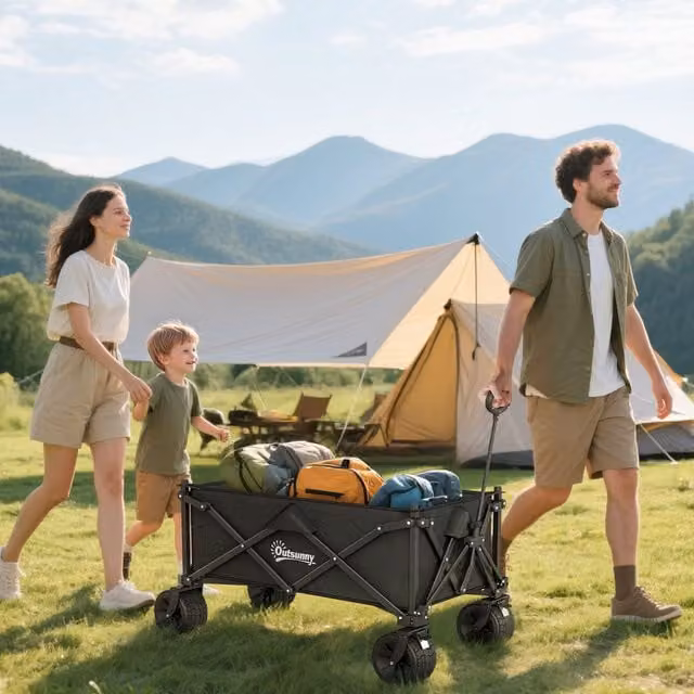 OUTSUNNY Foldable Garden Cart Outdoor Utility Wagon with Carry Bag in Black
