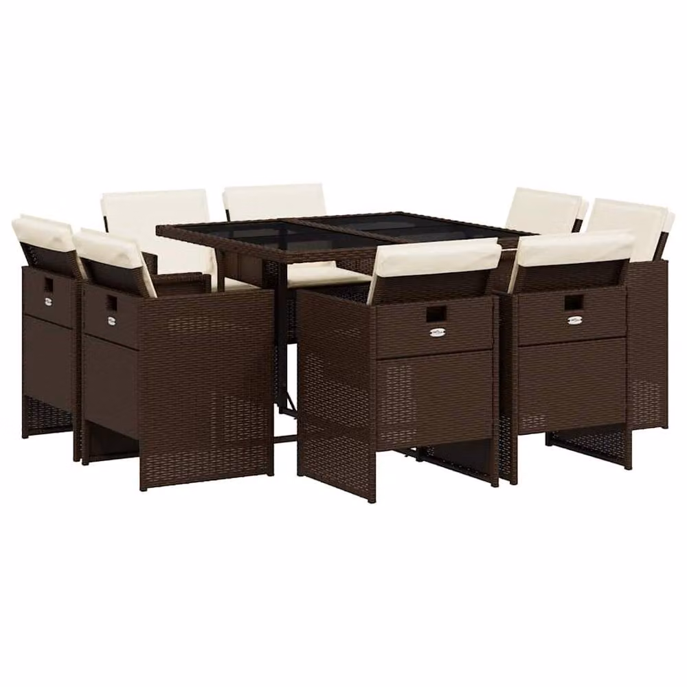 Berkfield Home 9 Piece Brown Poly Rattan Garden Dining Set with Cushions and Glass Table – 2