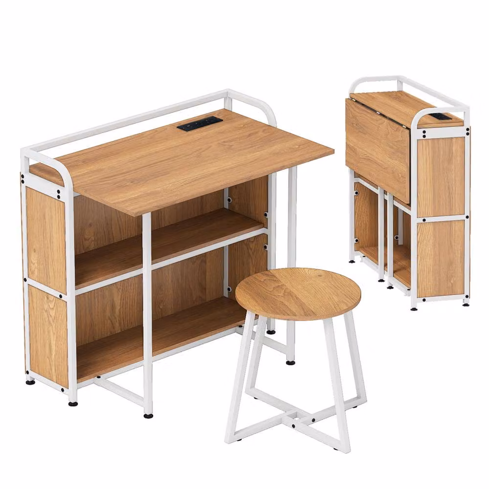 Costway Folding Computer Desk Set with Stool and AC Outlets in Natural Beige – 2