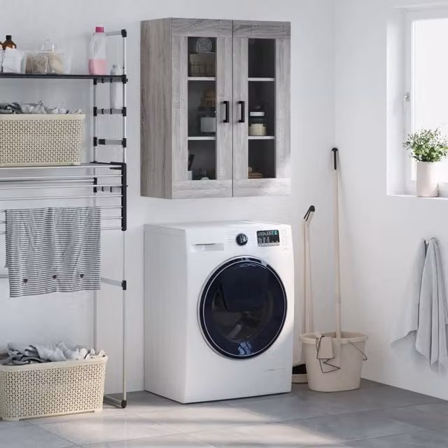 Berkfield Home Wall Mounted Cabinet in Grey with Glass Doors, W: 69.5 cm, D: 34 cm, H: 90 cm – 1