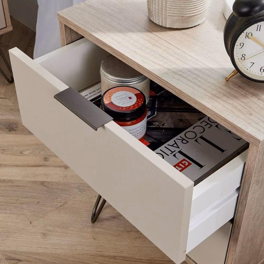 FORGEVIO Industrial Bedside Cabinet with Drawers, Brown Wood and Metal Nightstand – 3