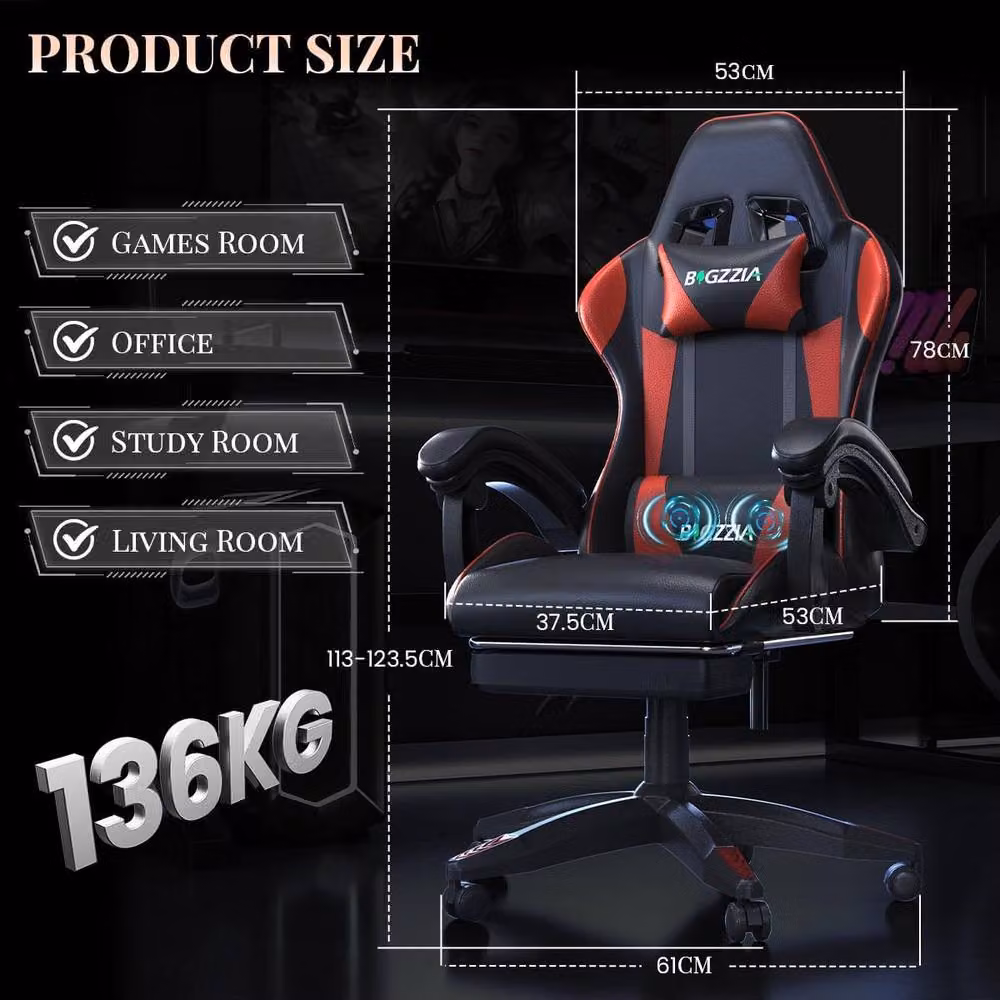 Gartistgo Red Gaming Chair with Massage, Footrest, Adjustable Recline and 360 Degree Swivel – 2