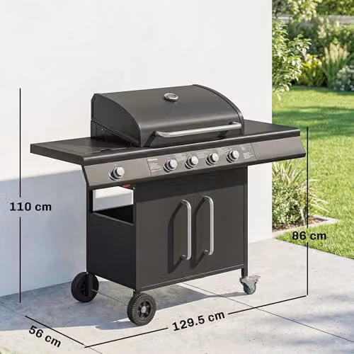 Outsunny 4+1 Burner Gas BBQ Grill with Side Burner, Warming Rack and Thermometer, Black – 7