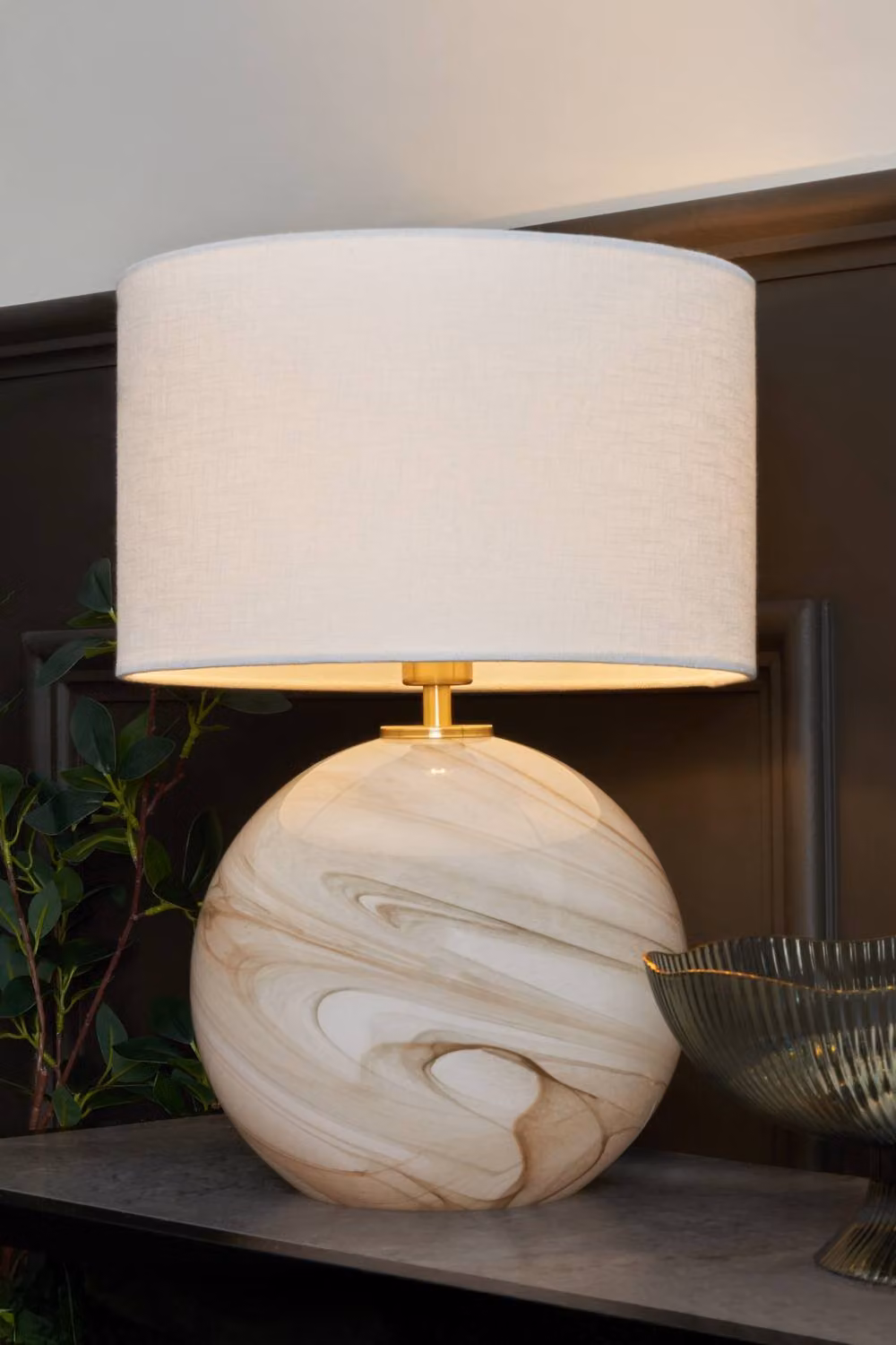 BHS Lighting Lewis Marble Effect Glass Table Lamp in Brown and Gold/Brass – 2