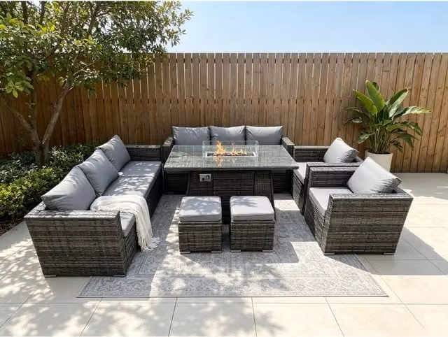 Fimous 10 Seater Outdoor PE Rattan Garden Furniture Set with Gas Fire Pit Table in Dark Grey Mixed
