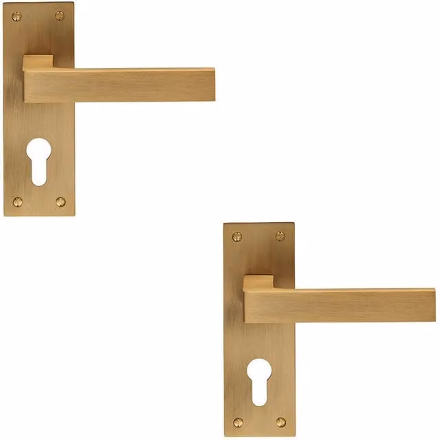 Loops 2x Pair Straight Square Handle on Euro Lock Backplate in Antique Brass, W: 150 mm, H: 50 mm