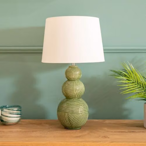 ValueLights Green Ceramic Stacked Balls Table Lamp with White Tapered Fabric Shade and Warm White Bulb – 2