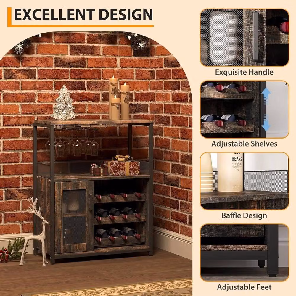 VOGREX Tall Wine Bar Rack Cabinet in Brown with Glass Doors, Adjustable Shelves and Glass Holder – 4