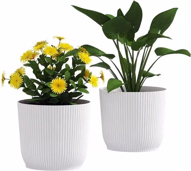 Kelvenix Set of 2 Round White Plastic Outdoor Plant Pots, Diameter: 22 cm – 1