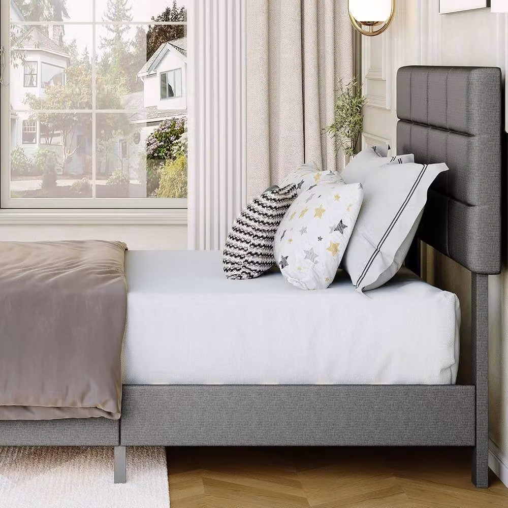 London Boutique Double Size Upholstered Platform Bed Frame with Tufted Headboard in Grey, W/D/H: 140 x 200 x 135 cm – 6