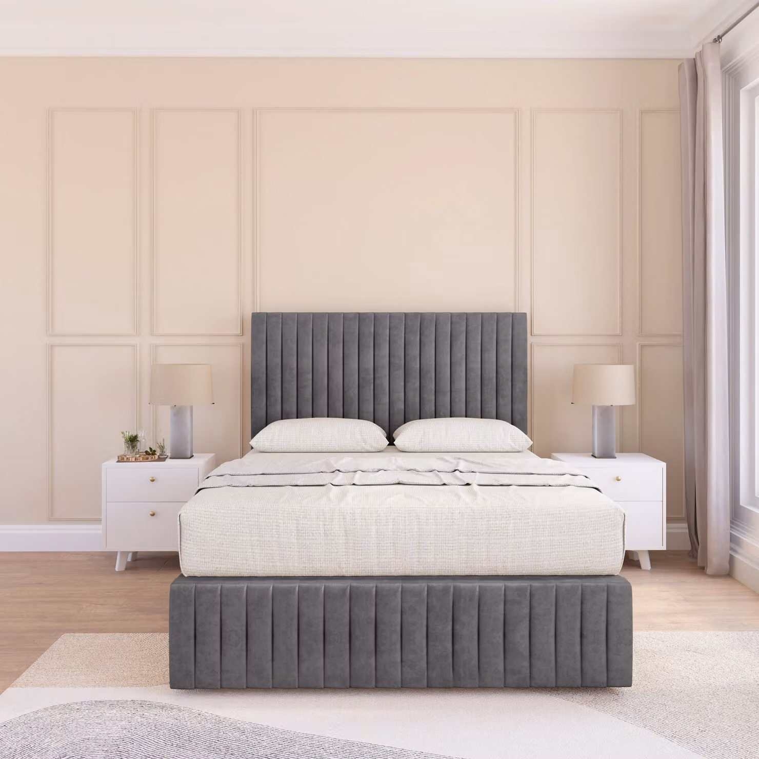 Sloomy Madison Small Single Divan Bed Base in Dark Grey Velvet Fabric with 12 inch Footboard and 26 inch Struts Headboard