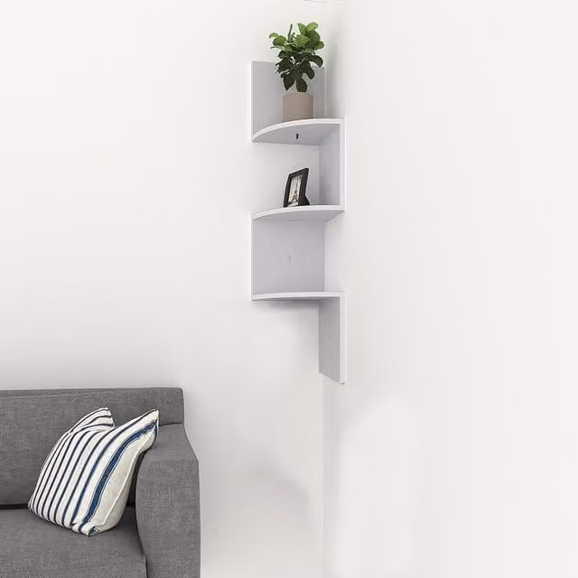 Livingandhome 3-Tier Wooden Zigzag Floating Corner Shelf in White