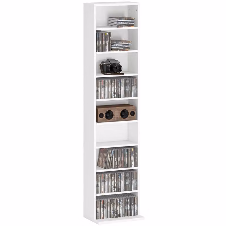 Wyld Haus Sovimora White Narrow CD Storage Unit with Adjustable Shelves, H 140 x W 33 x D 24 cm