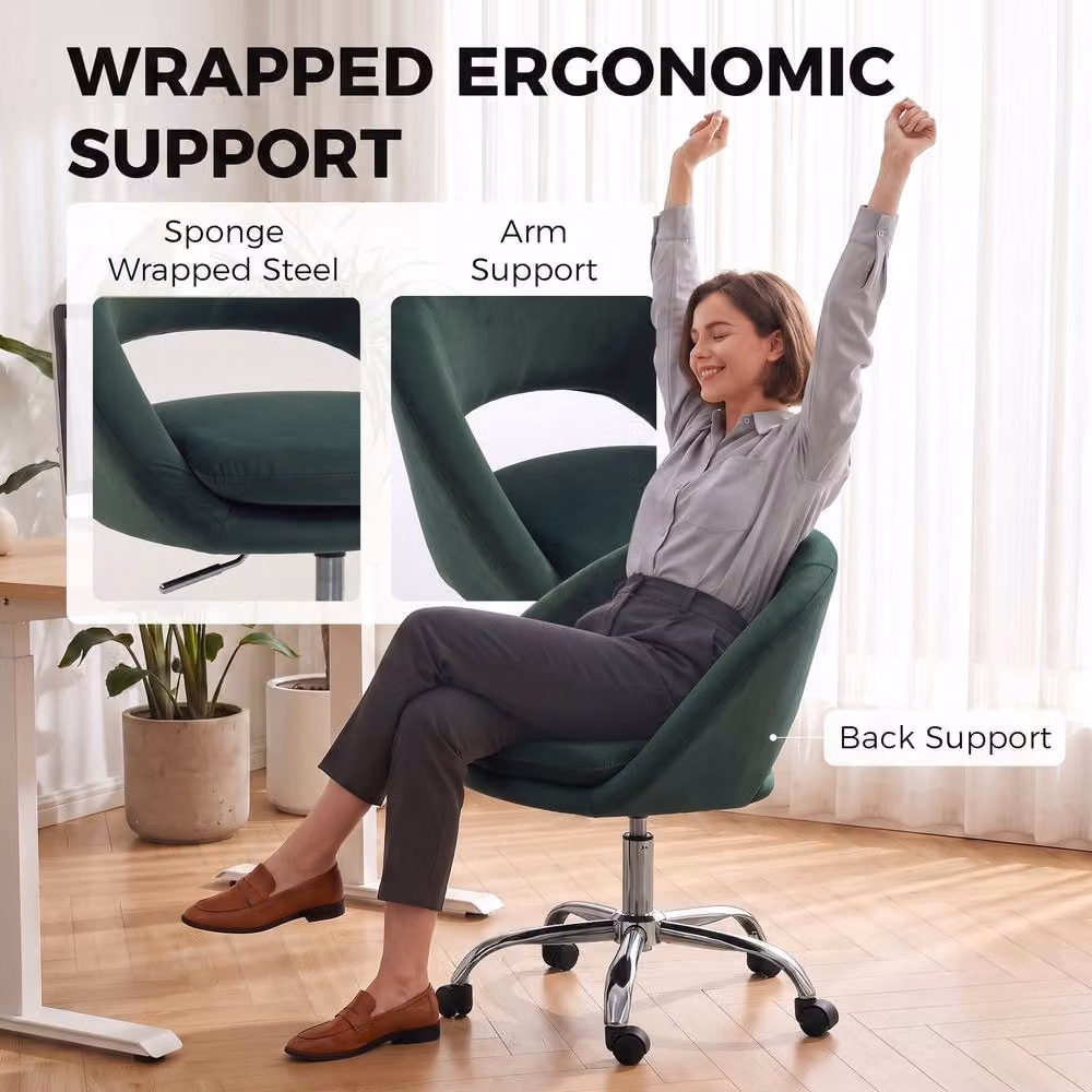 HOMCOM Modern Velvet Task Chair in Green with Height-Adjustable Swivel and Castors – 4