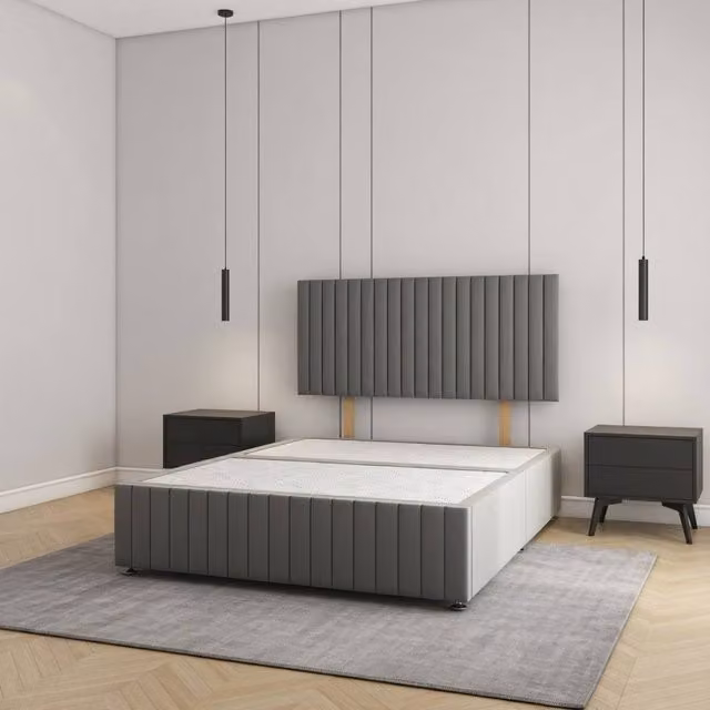Regional Furnishings Plush Grey Velvet Upholstered Small Double Divan Bed Base with 24 inch Headboard, W/D/H: 120 x 200 cm