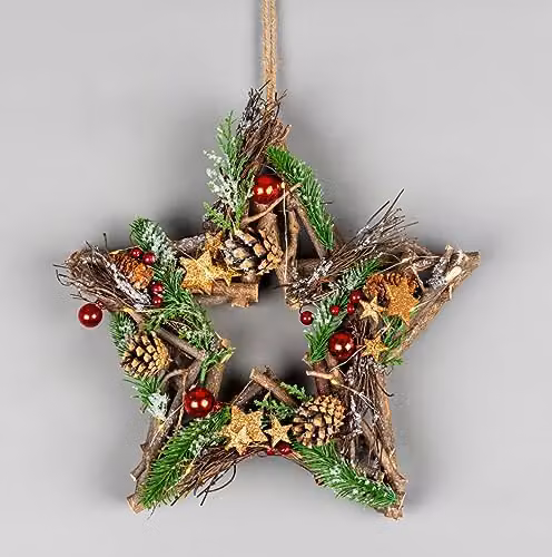 SHATCHI Prelit Star Wreath Christmas Hanging Decoration with Red Baubles, Berries and LED Lights, Diameter: 35 cm