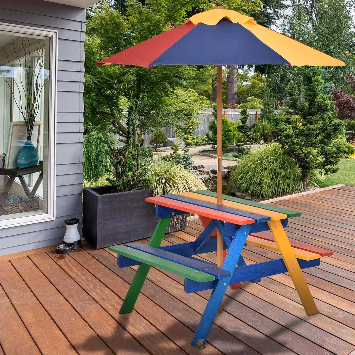 Costway Childrens Wooden Garden Picnic Table and Bench Set with Multicolour Rainbow Parasol in Blue – 2