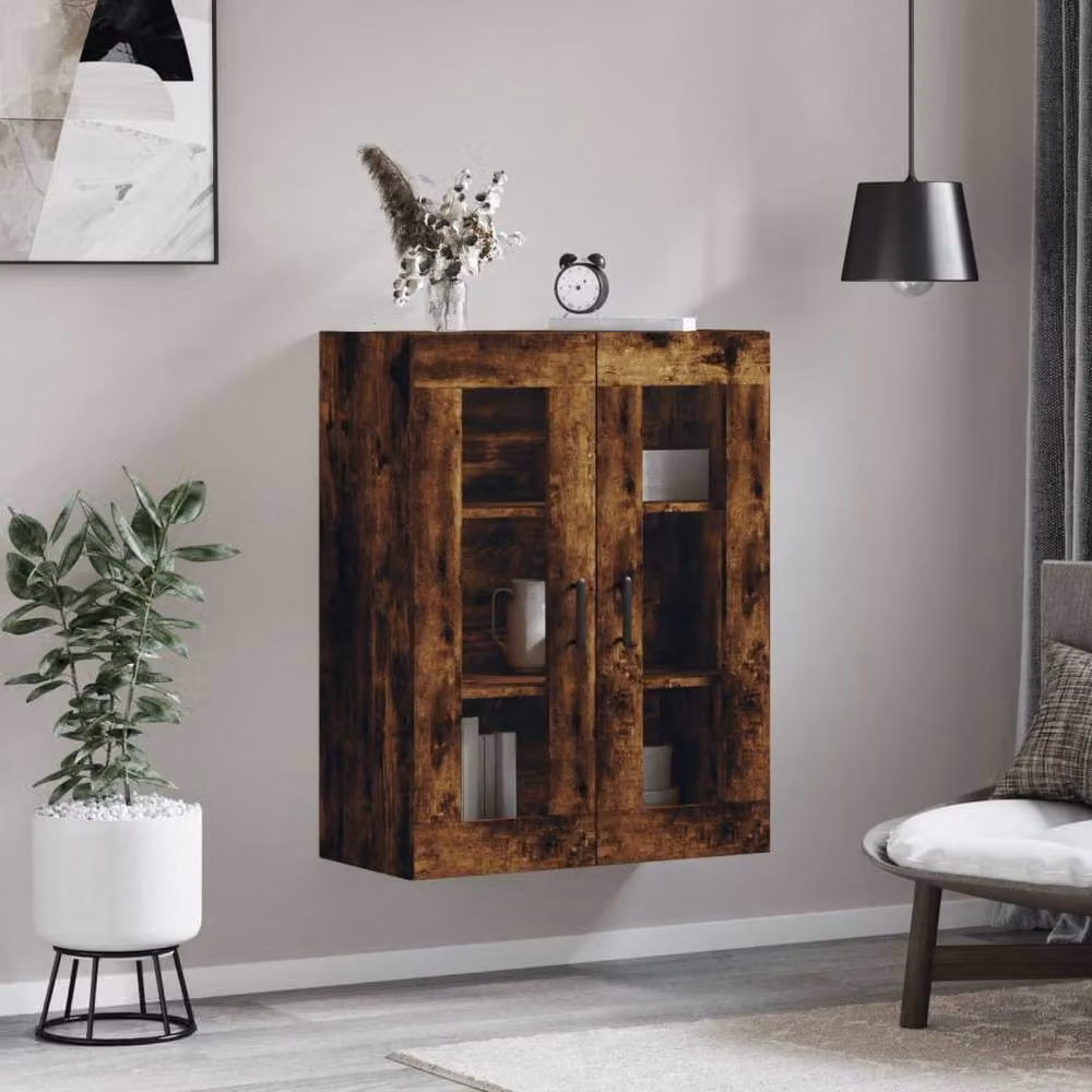 Berkfield Home Wall Mounted Smoked Oak Cabinet with Glass Doors in Brown, W/D/H: 69.5 x 34 x 90 cm – 3
