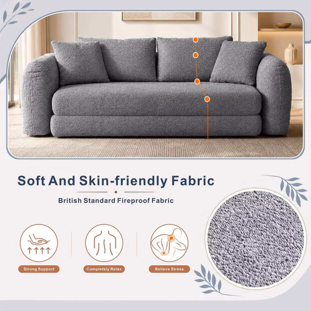 MIMO Grey Pull-Out Loveseat Sofa Bed with Lamb Fleece Fabric and 30D Foam – 3