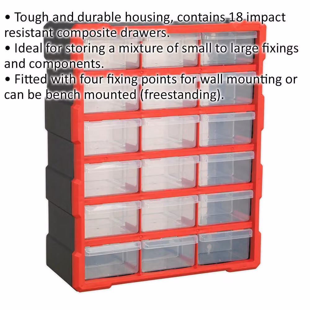 Loops 18 Drawer Parts Cabinet, Red, W/D/H: 37.5 x 16.5 x 47 cm, Wall Mounted or Standing – 2
