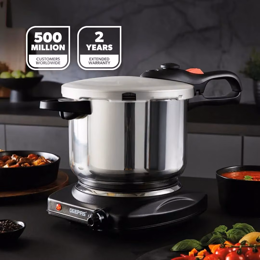 Geepas 6L Stainless Steel Pressure Cooker with Steamer Basket, Induction Compatible, Silver – 2