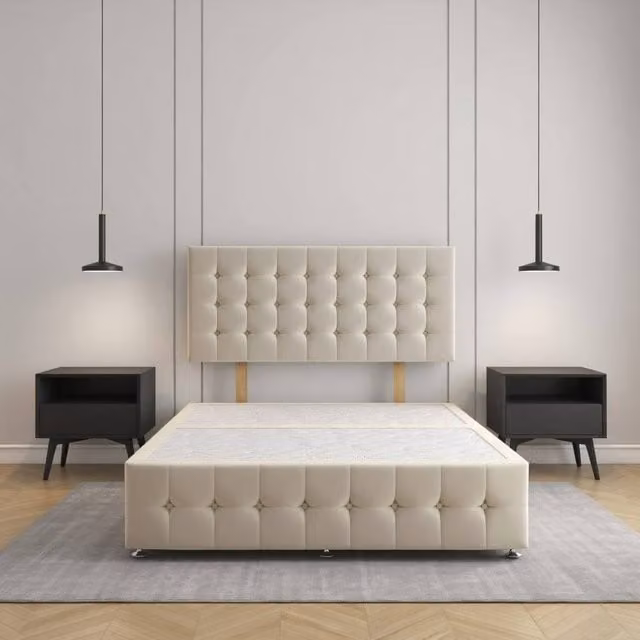 Regional Furnishings Double Upholstered Velvet Divan Bed Base in Beige, W/D/H: 140 x 200 cm