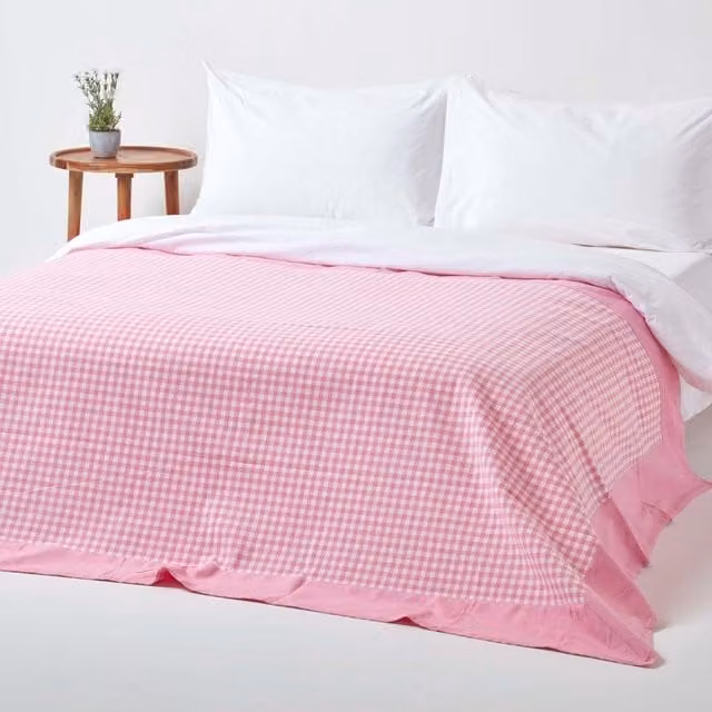Homescapes Cotton Gingham Check Woven Throw in Beige and Pink, Width: 255 cm