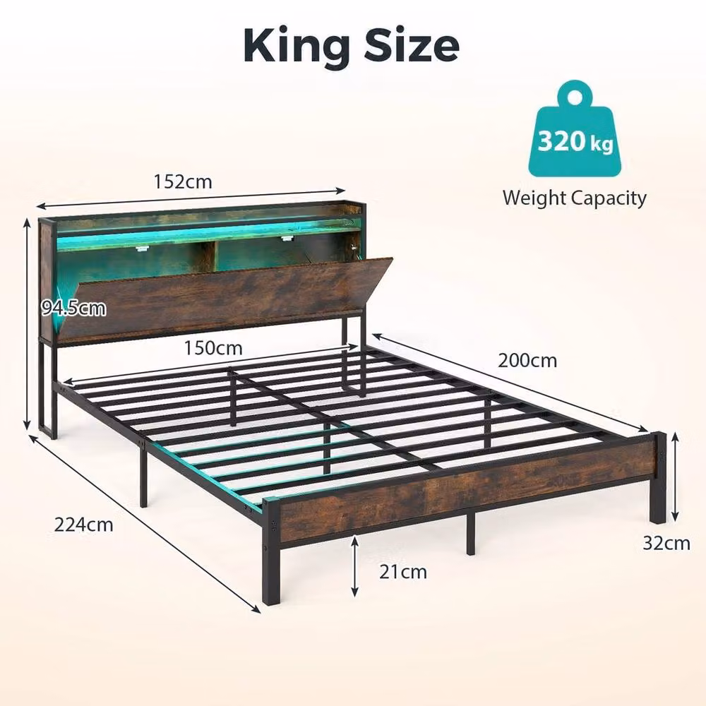 KORVIXA King Size Metal Bed Frame in Brown with Under-Bed LED Lighting, USB Charging Ports and Side Compartment Storage, W/D/H: 180 x 200 cm – 2