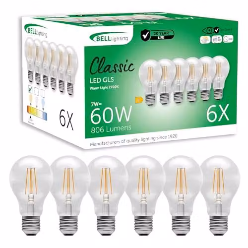 BELL Lighting E27 Dimmable LED Filament GLS Globe Bulbs, Warm White, 7W, Pack of 6 – 1