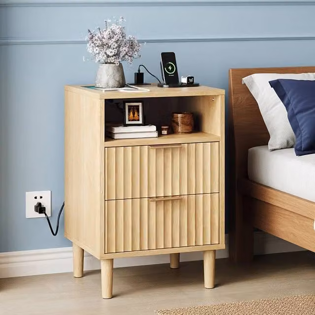 FORGEVIO Modern 2 Drawer Bedside Table with Power Supply in Natural Wood Matt Finish – 1