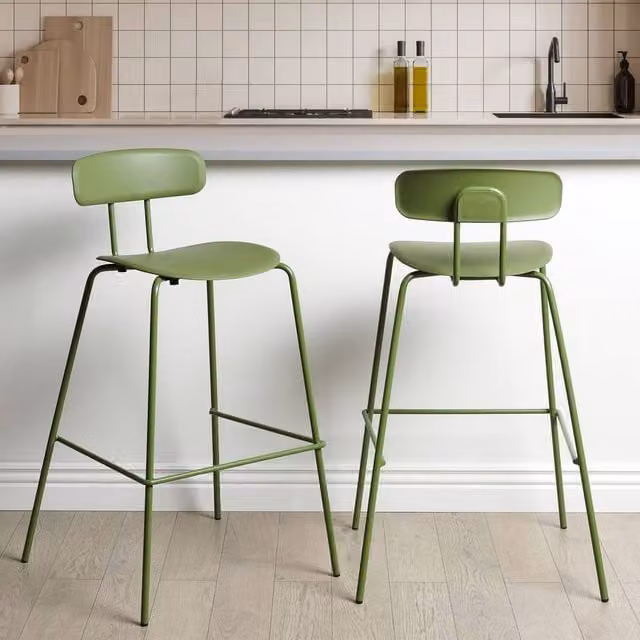 Wyld and Coco Greenline Counter-Height Bar Stools Set of 2 with Green Synthetic Leather Seats and Metal Legs