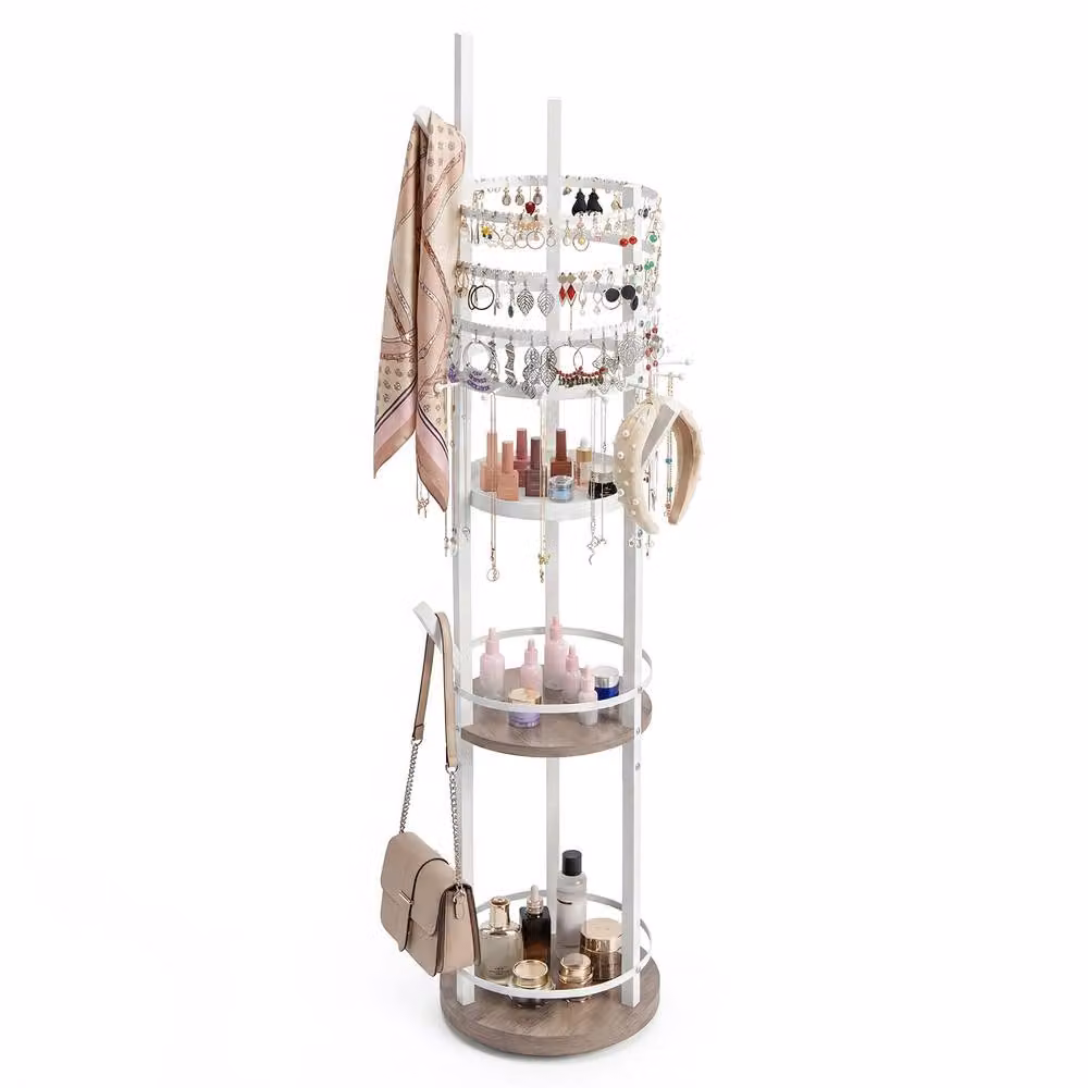 Costway Rotating Jewelry Display Tower with Earring and Necklace Holder in White and Multicolour – 2