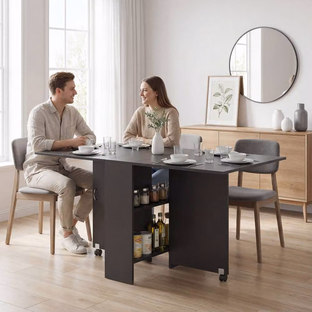STILVORA Modern Black Drop Leaf Dining Table with Storage and Castors – 2