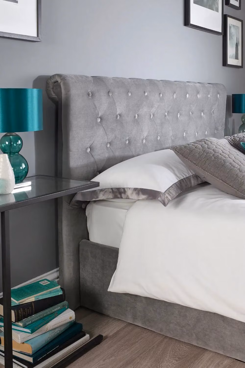 Aspire Grey Velvet Chesterfield Ottoman Bed with Lift Up Base, W/D/H: 140 x 200 cm – 2