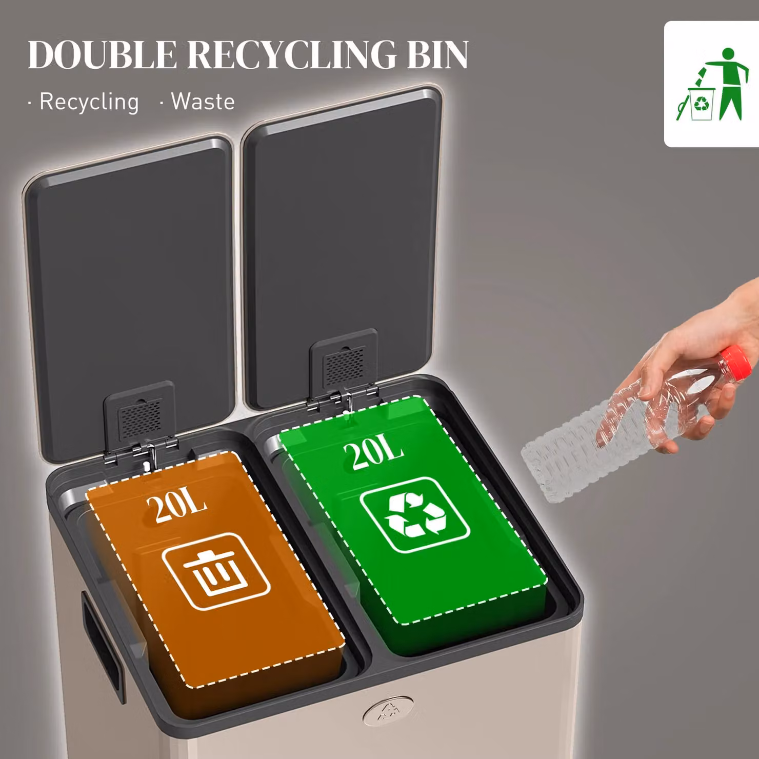 HOMCOM Dual Kitchen Pedal Bin for Recycling and Waste, Gold, 2 x 20L – 3