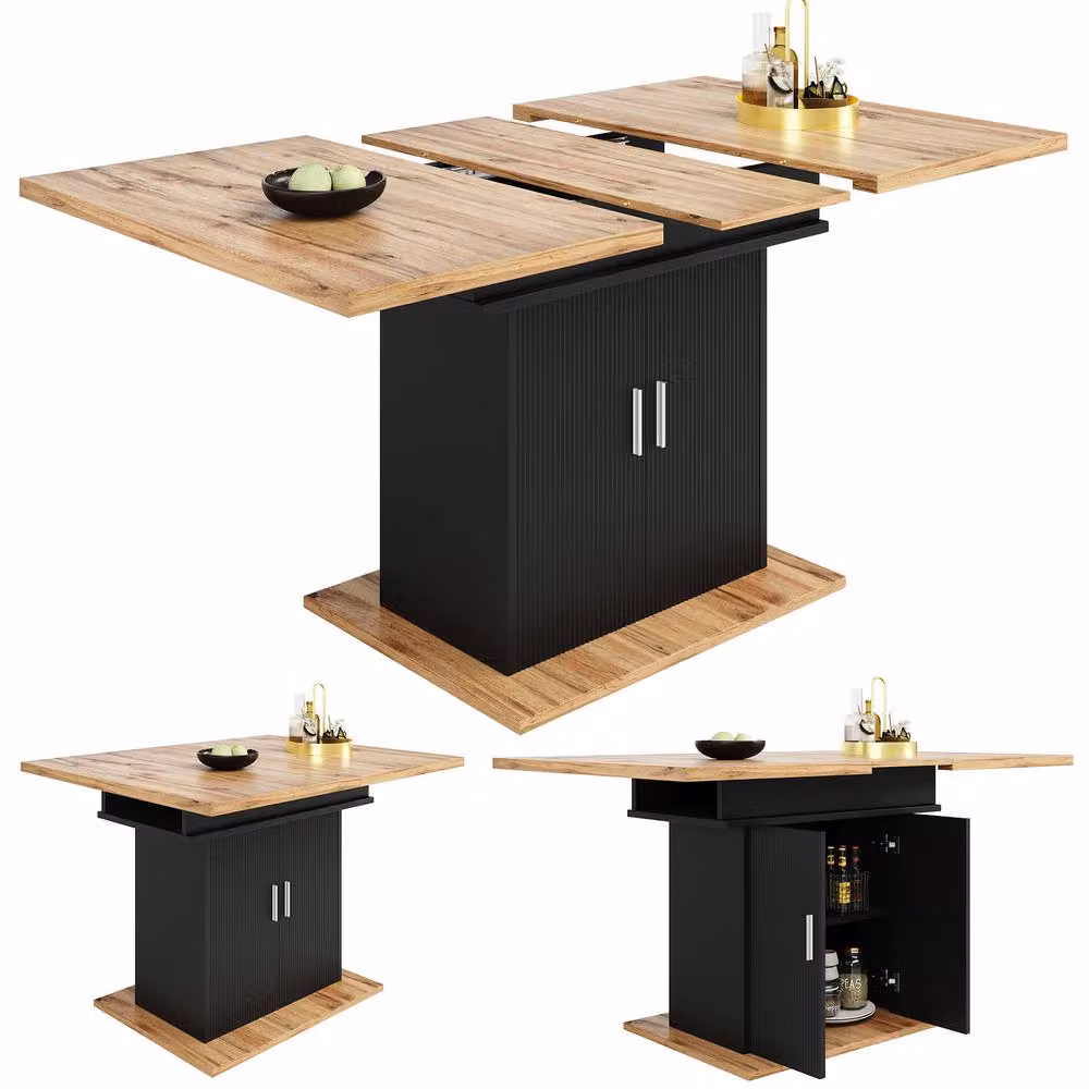 Matteo Extendable Rectangular Dining Table in Black and Brown MDF with Storage Shelf, H 75 cm x W 110 cm x D 60 cm – 3