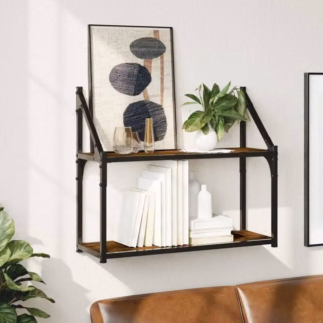 Berkfield Home 2-Tier Wall Mounted Shelf in Smoked Oak Brown, W/D/H: 60 x 21 x 51 cm