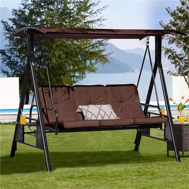 Yaheetech 3-Seat Outdoor Patio Swing Chair with Sun Canopy and Cushions, Brown