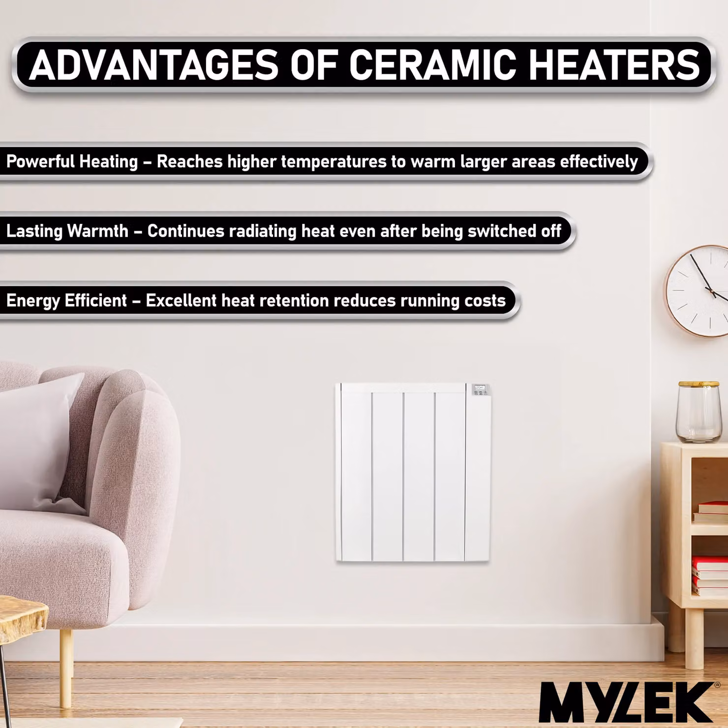 MYLEK 600W Ceramic Electric Panel Heater with Digital Timer in White – 3