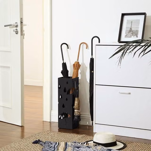 The Bazaarist Square Metal Umbrella Stand with Removable Drip Tray, Black