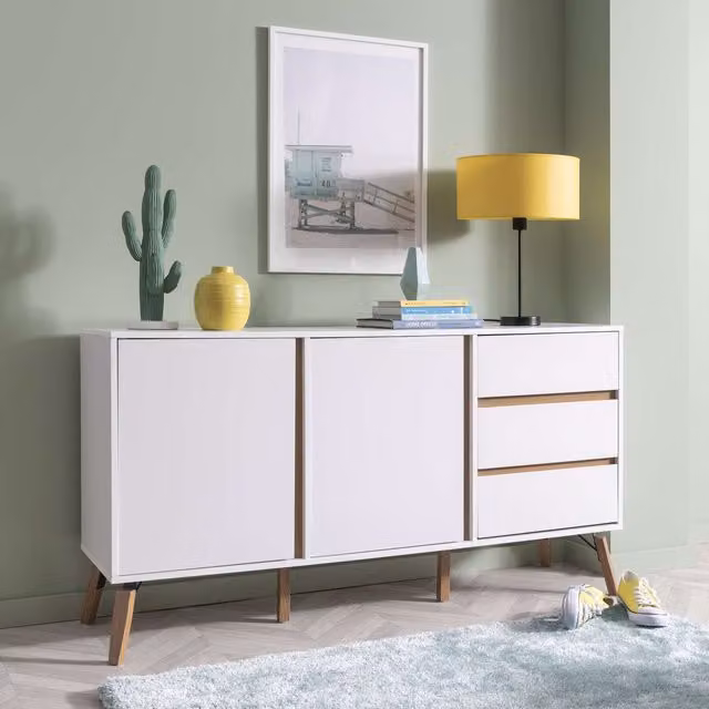 Otto Mid-Century Style 2 Door 3 Drawer Large Sideboard in White and Grey