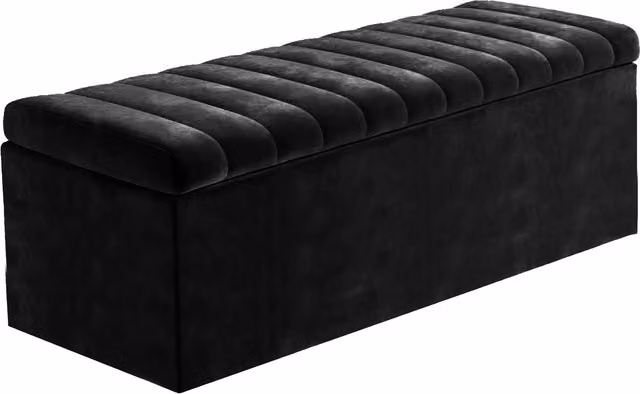 R&M Furnishers Black Striped Plush Velvet Upholstered Blanket Chest with Padded Top