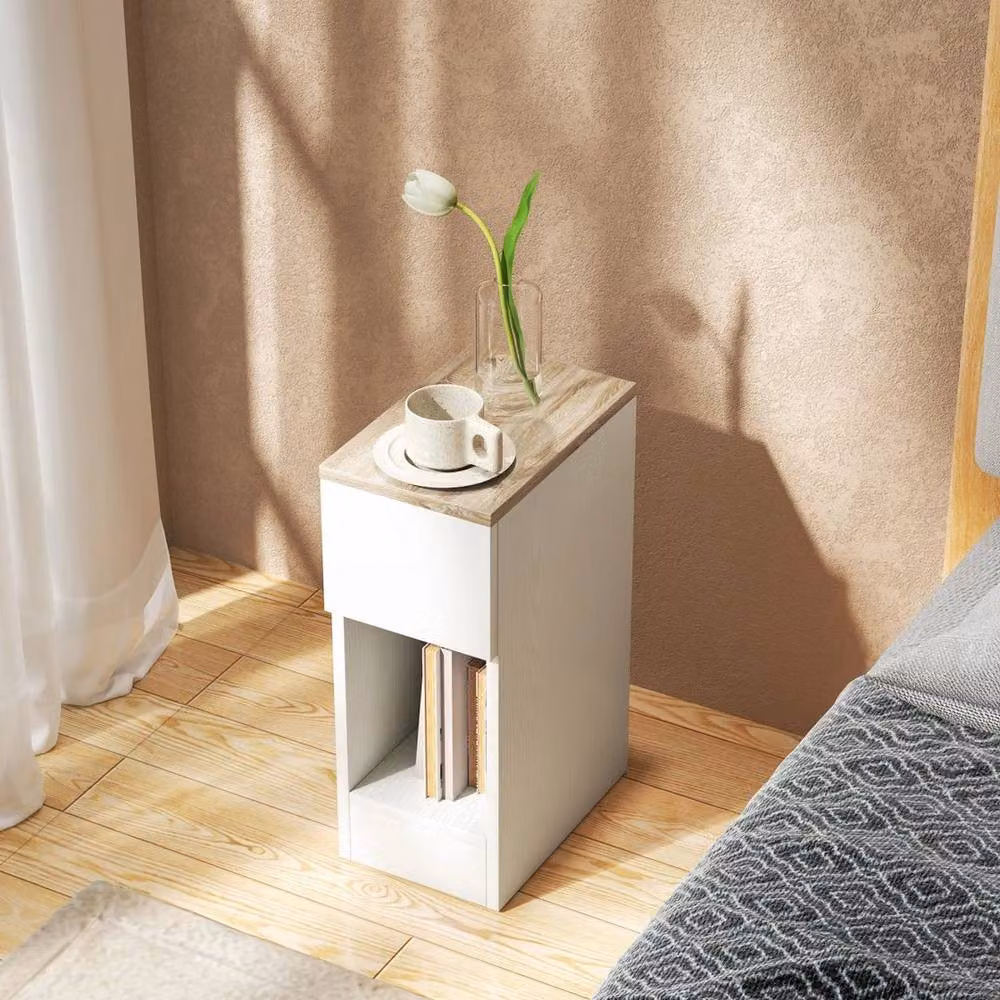 EONLION Set of Two Modern Slim White Wood Bedside Tables – 2